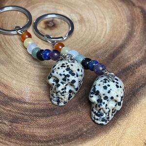 Dalmatian jasper skull carving key chain key ring 7 chakra beads rainbow